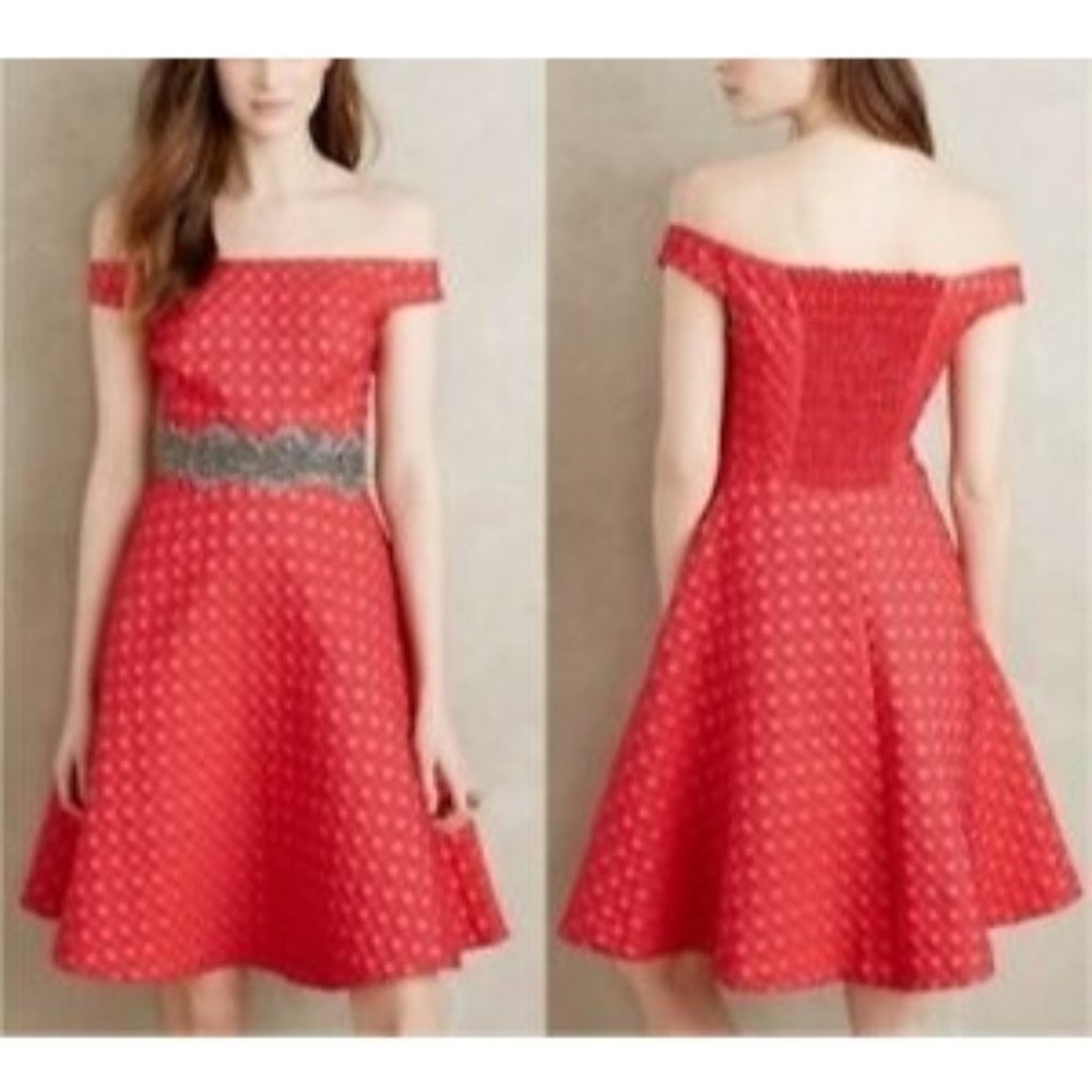 Moulinette Soeurs‎ Minette tOff The Shoulder Smocked Back Jacquard Dress Size 8